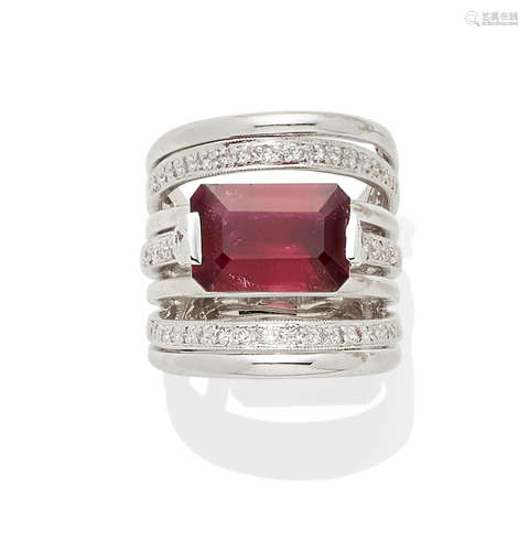 A pink tourmaline, diamond and 18k white gold ring