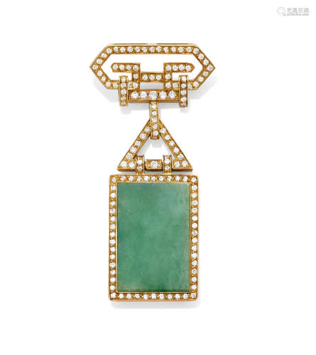 A Jadeite Jade, Diamond and gold brooch