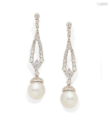 A pair of cultured pearl, diamond and 18k white gold ear pendants