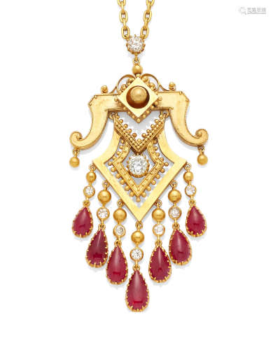 A diamond, ruby and  gold pendant necklace