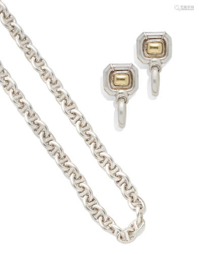A Sterling Silver and 18K Gold Anchor Chain and Pair of Ear Clips, Gucci, Italian