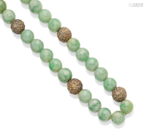 A Jadeite jadeite bead and 14k gold necklace