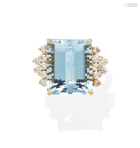 An aquamarine, diamond and 14k gold ring