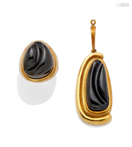 A Black Tourmaline and 18K Gold Ring and Pendant, Bruno Guidi and Burle Marx, Brazilian