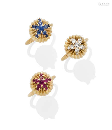 Three diamond and gem-set gold companion rings