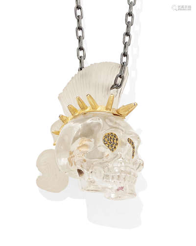 A Reverse Carved rock crystal Quartz, colored diamond and vermeil silver Skull Pendant on sterling silver chain, Luis Alberto Quispe Aparicio