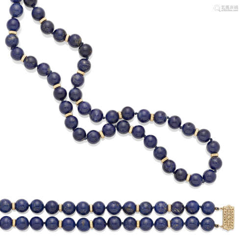 A lapis lazuli bead and 14k gold necklace and bracelet set