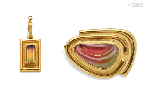 A bi-color tourmaline and 18K gold clip and pendant, Bruno Guidi, Brazilian