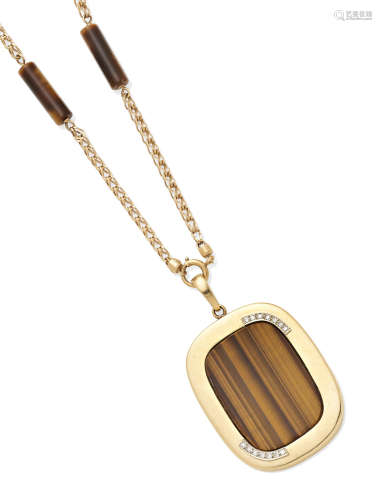 A Tiger's-Eye Quartz, Diamond and 14K Gold Pendant Necklace