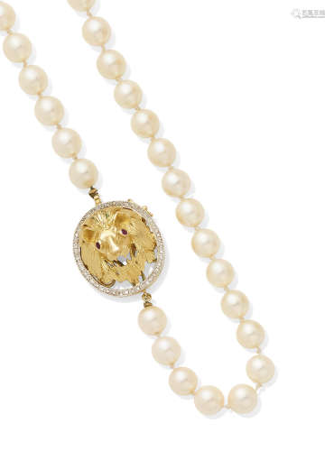 A Cultured Pearl, Diamond, Ruby and 18K Gold Necklace