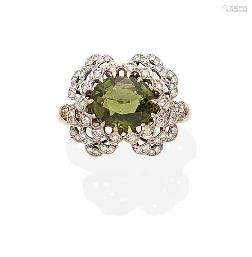 A green tourmaline, diamond and 18k white gold ring