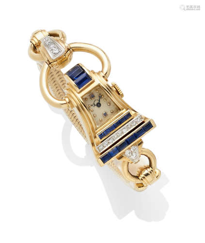 A retro diamond, sapphire and 14k gold bracelet wristwatch, Tiffany & Co.