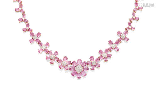 A pink sapphire, diamond and 18k bi-color gold necklace