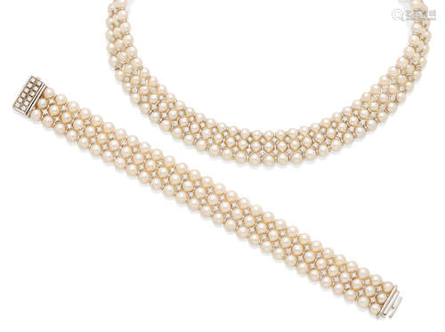 A Cultured Pearl, Diamond and 18K White Gold Collar and Bracelet set