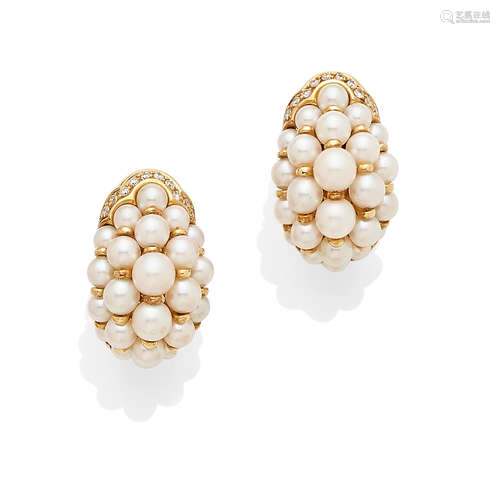 A pair of cultured pearl, diamond and 18k gold ear clips,  Cartier, 1991