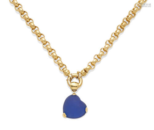 A Blue Glass and 18K Gold Heart Pendant on 18K Chain, Italian