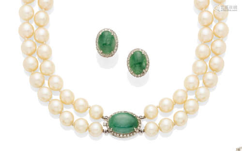 A cultured pearl, jadeite jade and white gold necklace and earring set