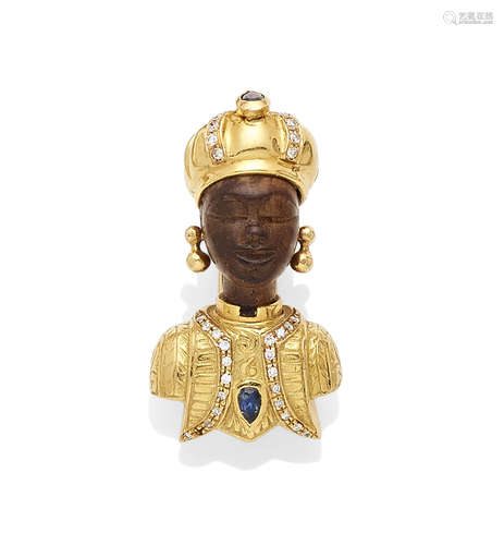 A Diamond, Sapphire, Wood and 18k gold Blackamoor clip