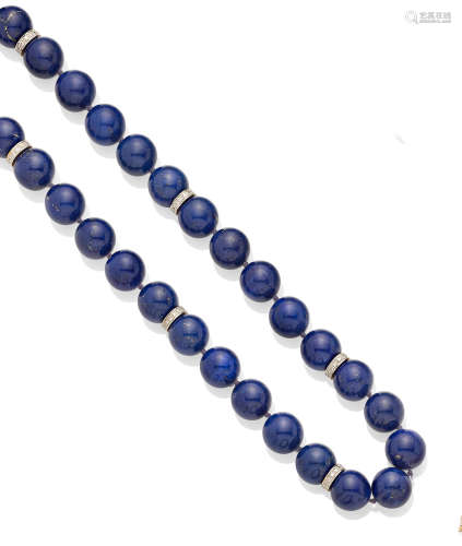 A Lapis Lazuli Bead, Diamond and bi-color Gold Necklace