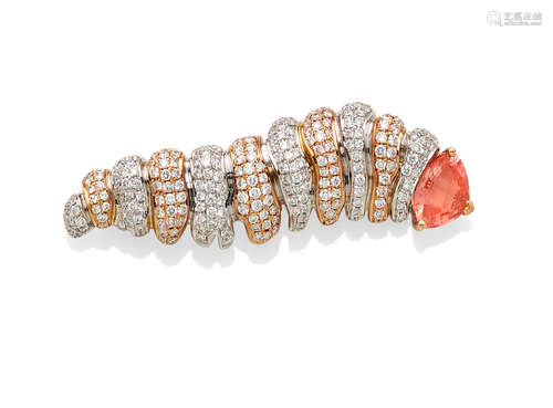 A padparadscha sapphire, diamond and 18k bi-color gold caterpillar brooch