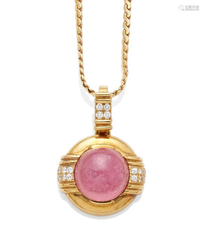 A Pink Tourmaline, Diamond and 18K Gold Pendant on 14K Gold Chain, Gumps