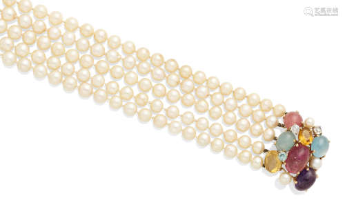 A Cultured Pearl and Gem-Set 14K Gold Necklace