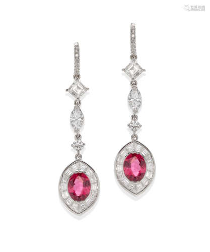A pair of rubellite and diamond earrings