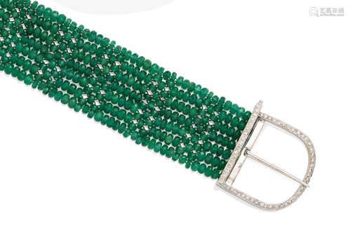 An emerald, diamond and 18k white gold buckle bracelet