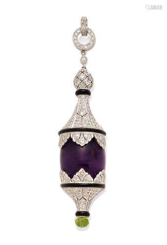 An amethyst, diamond, black onyx, peridot and 18K white gold pendant