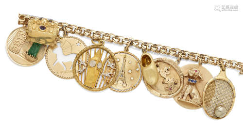 A Diamond and gem-set bi-color Gold Charm Bracelet, with one unattached Charm