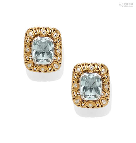 A pair of aquamarine and 18k bi-color gold ear clips, John Hardy