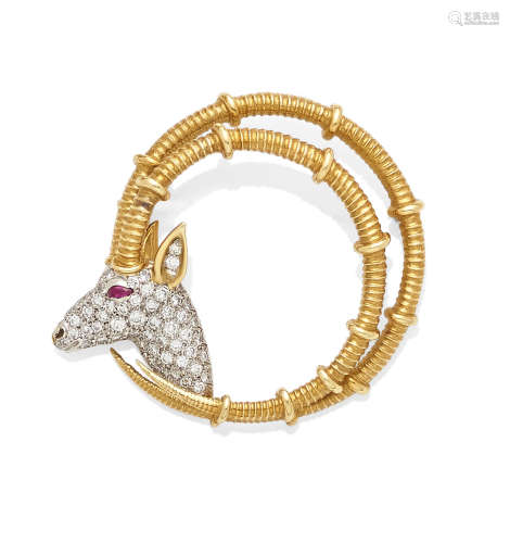 A Diamond, Ruby and 18k bi-color Gold 'Ibex' Brooch, Schlumberger for Tiffany & Co.