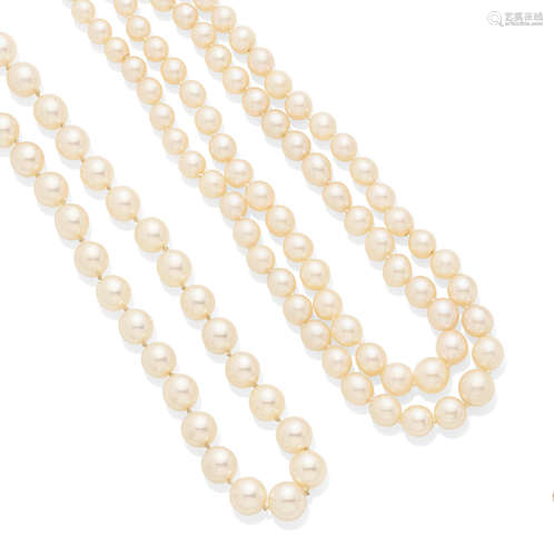 Two cultured pearl, diamond and white gold necklaces