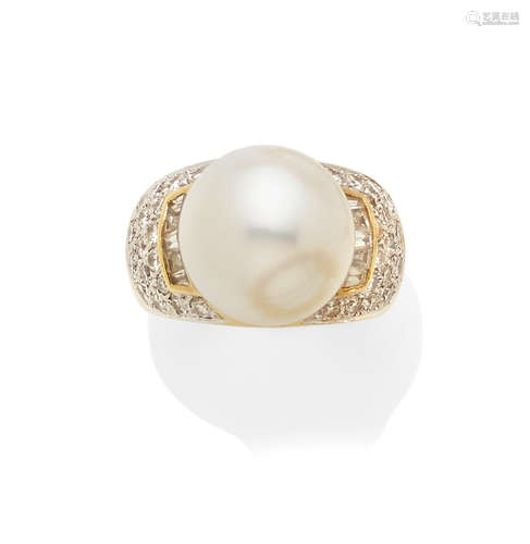 A cultured pearl, diamond and gold ring