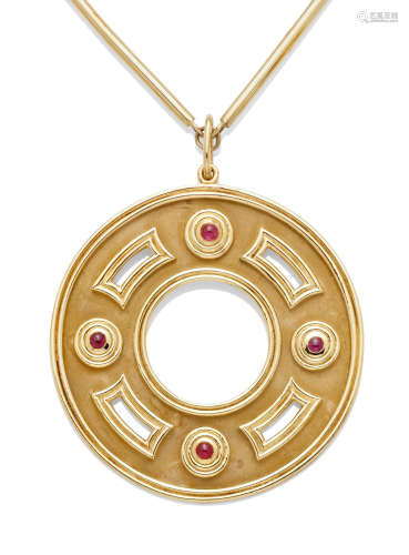 A Ruby and 18K Gold Disc Pendant, Tiffany & Co.