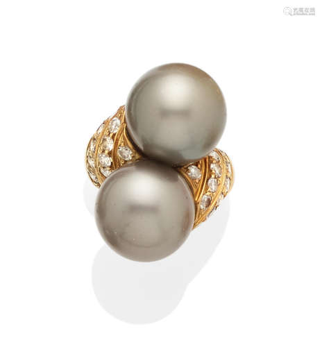 A colored Cultured Pearl, Diamond and Gold Ring
