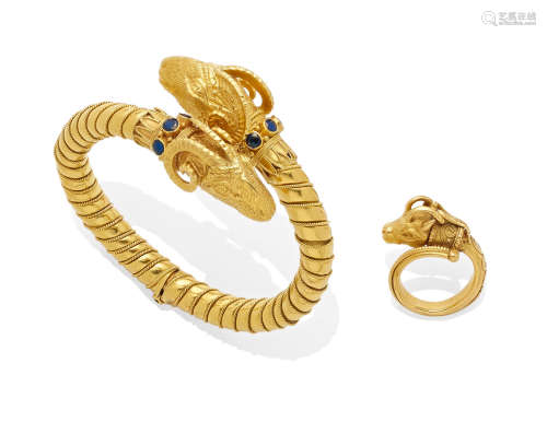 A sapphire and gold hinged bangle with a 22k gold ring