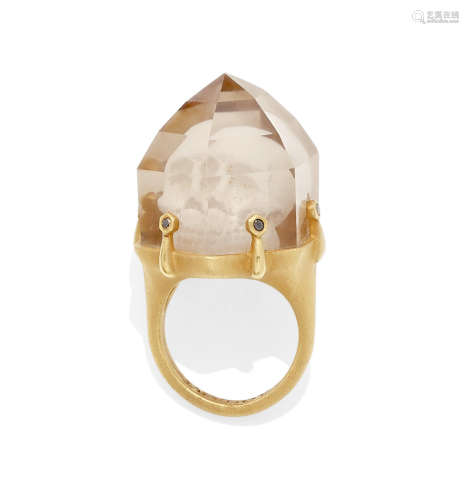 A Reverse Carved Smoky Quartz, colored diamond and vermeil silver Skull Ring, Luis Alberto Quispe Aparicio