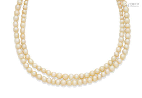 Two pearl, diamond and gem-set gold necklaces