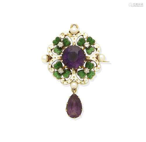 An amethyst and enamel brooch/pendant, circa 1910