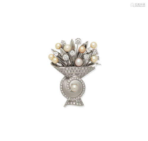 A pearl and diamond brooch, circa 1950