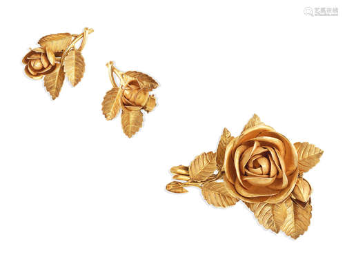 (2) A flower brooch and earclip suite, by Bernard Instone, 1936