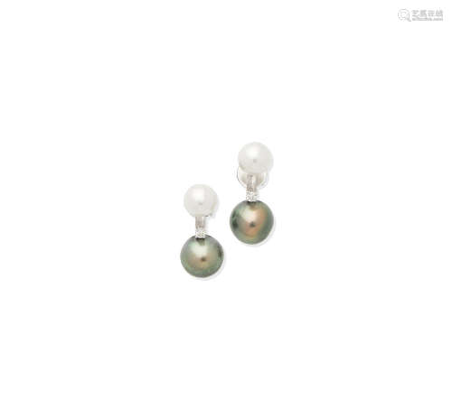 A pair of cultured pearl and diamond earrings