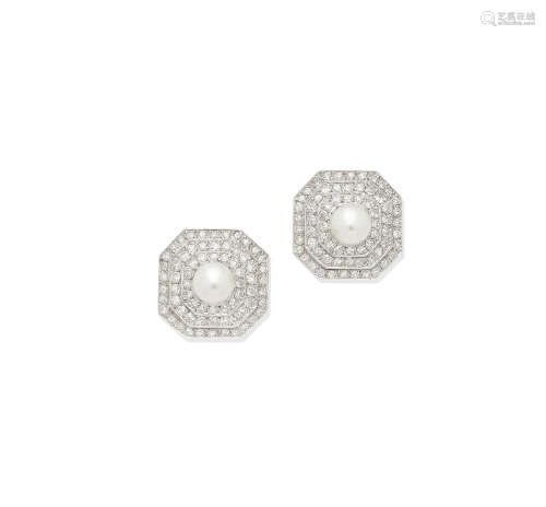 A pair of cultured pearl and diamond earclips