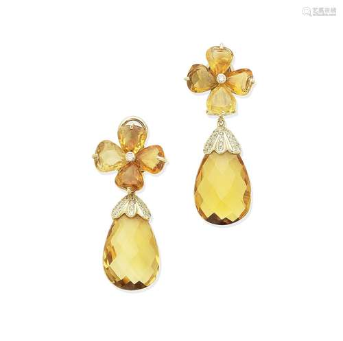 A pair of citrine and diamond pendent earrings