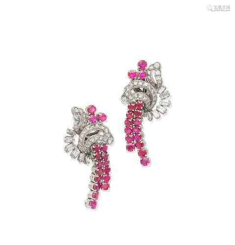 A pair of ruby and diamond pendent earclips