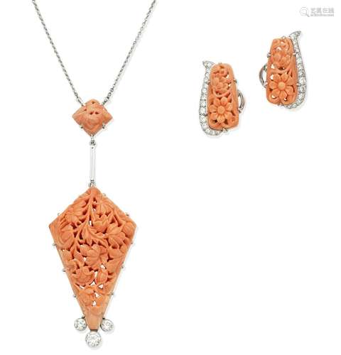 (2) A coral and diamond pendant necklace and a pair of coral and diamond earclips