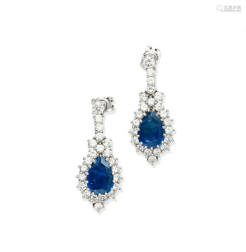 A pair of sapphire and diamond pendent earrings