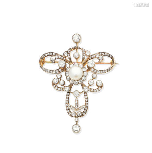 A pearl and diamond brooch/pendant, circa 1900