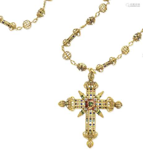 (4) A gold and enamel cross pendant and chain, circa 1885-1900